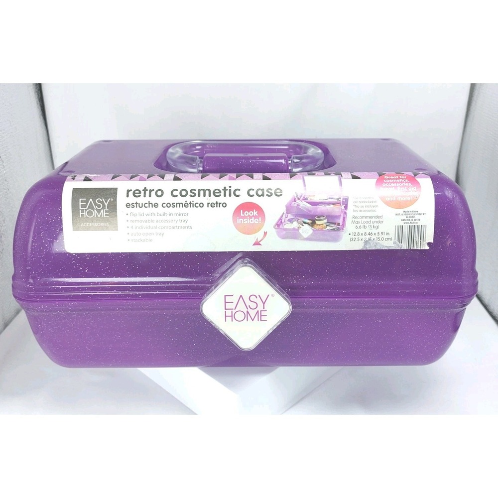 Easy Home Retro Cosmetic‎ Makeup Case Purple Glitter Mirror Removable Shelf